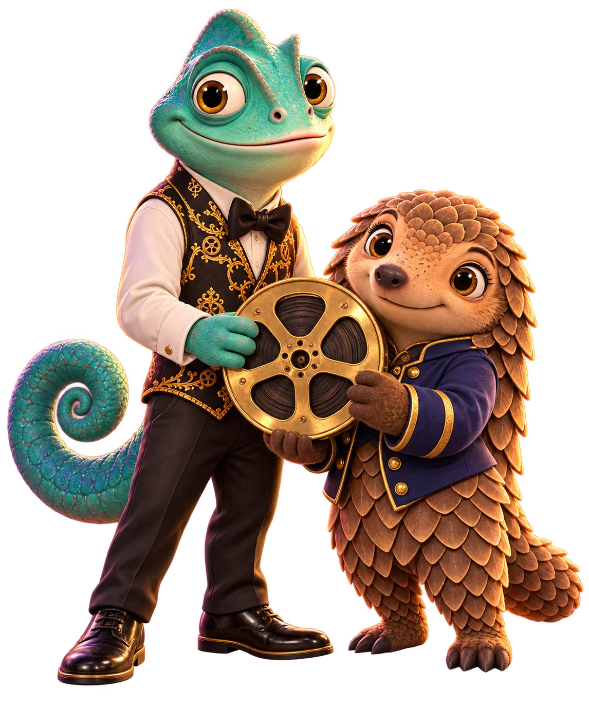 Cutout 3D chameleon projectionist and pangolin archivist holding a film reel
