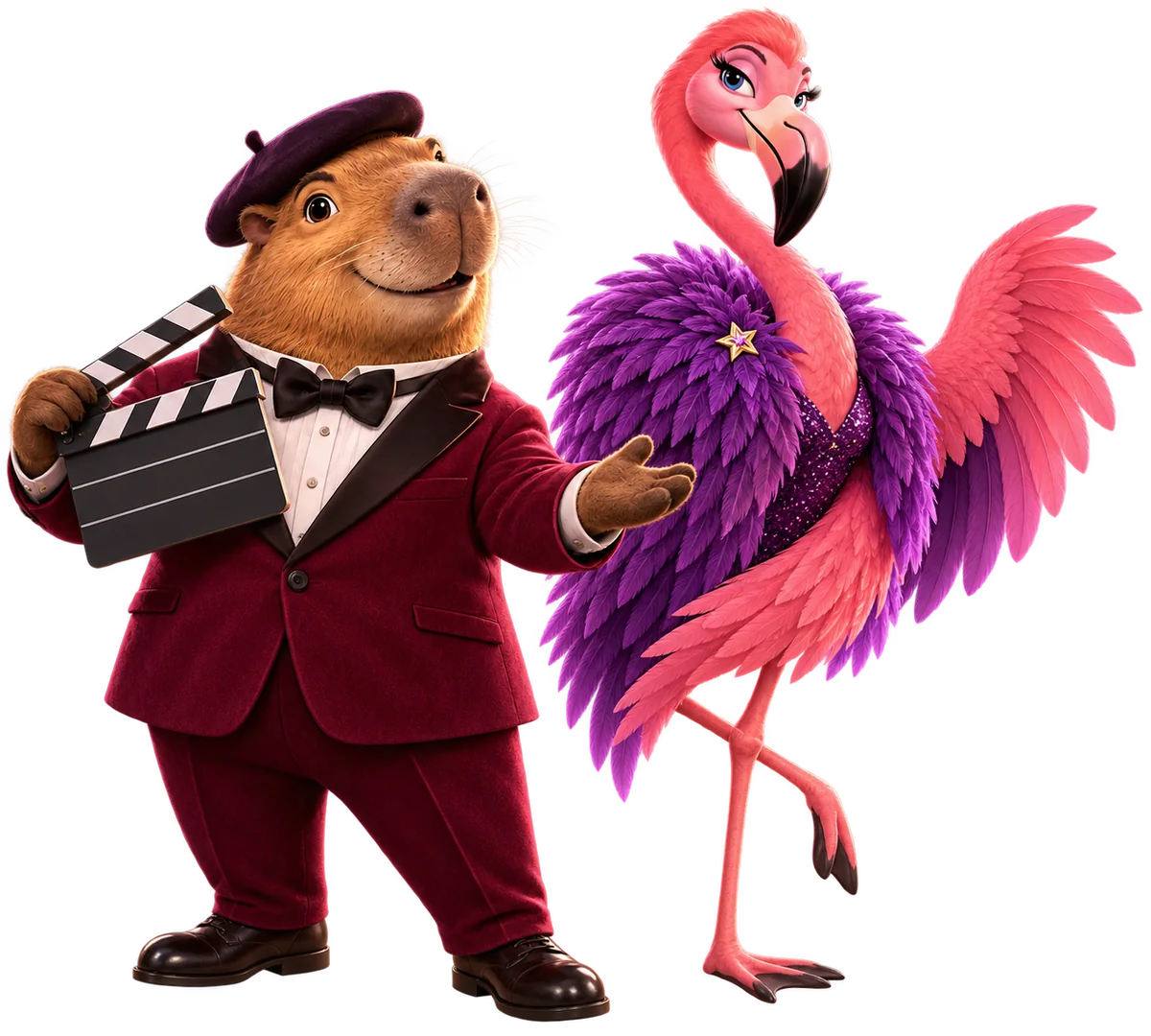 Cutout 3D capybara director and flamingo star greeting visitors