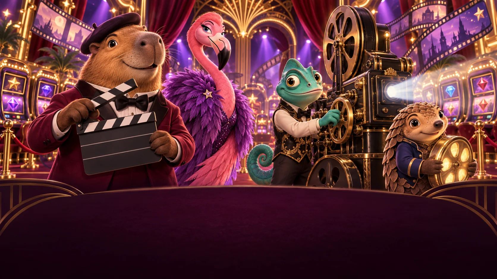 A capybara director, flamingo star, chameleon projectionist and pangolin archivist in a colourful 3D cinema casino