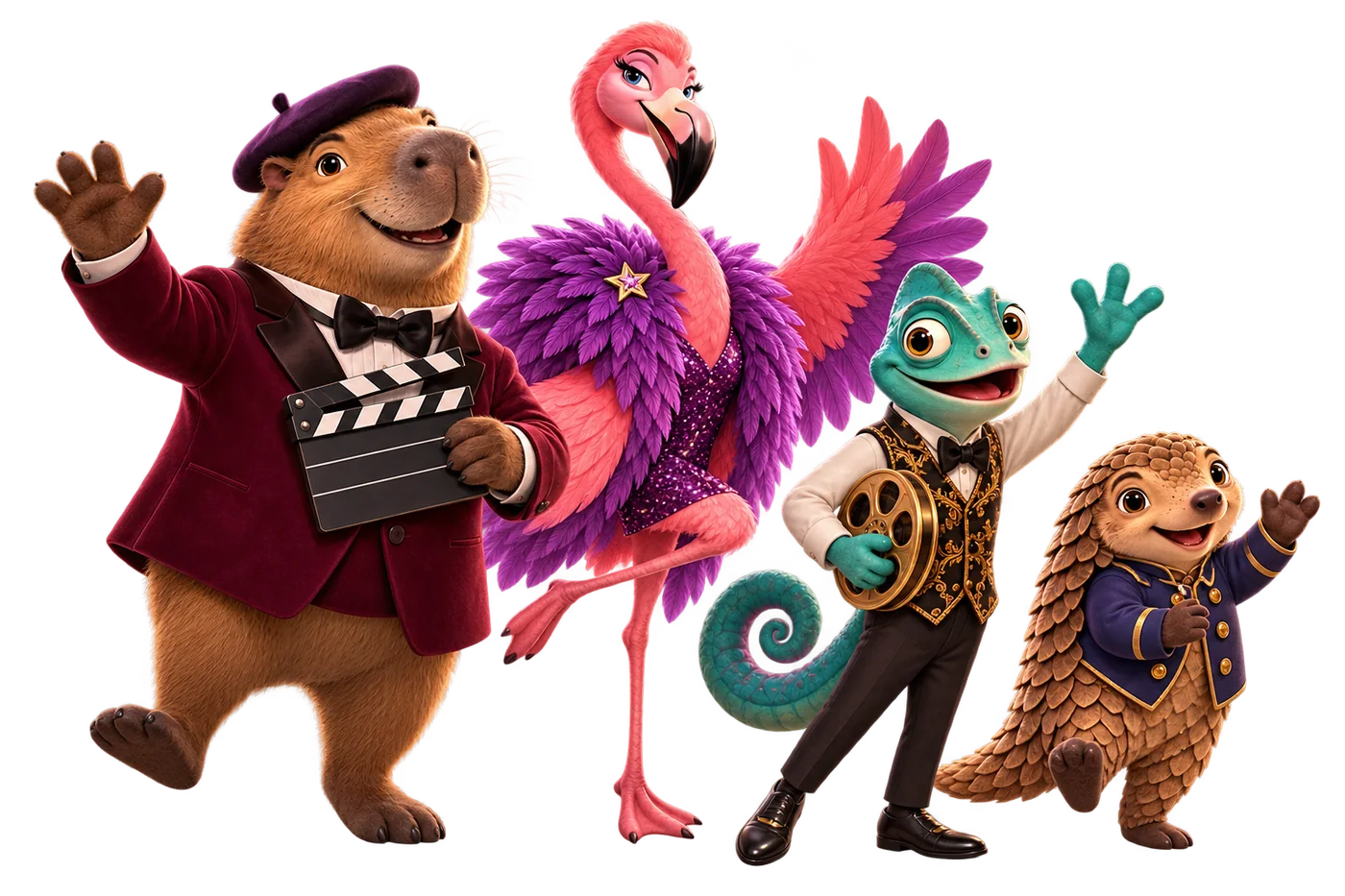 Cutout 3D FilmCritique cast waving together: capybara, flamingo, chameleon and pangolin